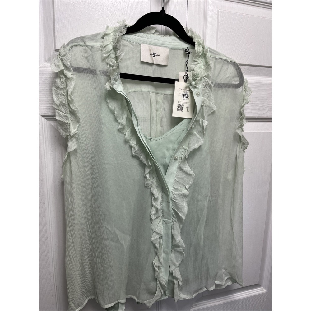 7 For All Mankind Women's Sheer V Neck Button-Down Top Seafoam, Sz XL